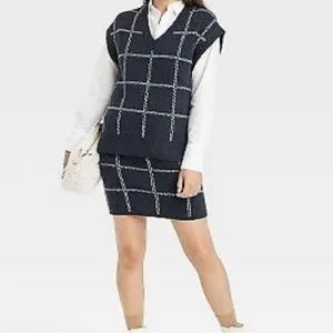 Women's V-Neck Sweater Vest - A New Day Navy Blue Windowpane, runs big